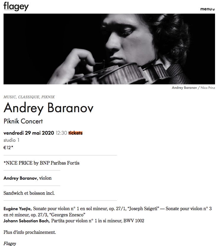 Page Internet. Flagey. Piknik concert Andrey Baranov, violon. 2019-05.29